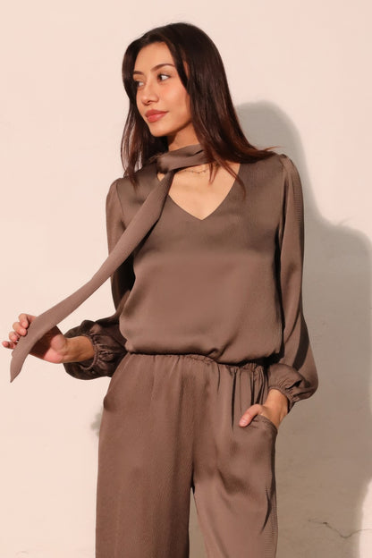 Hammered Satin Tie Neck Bubble Top - All Season Fashion