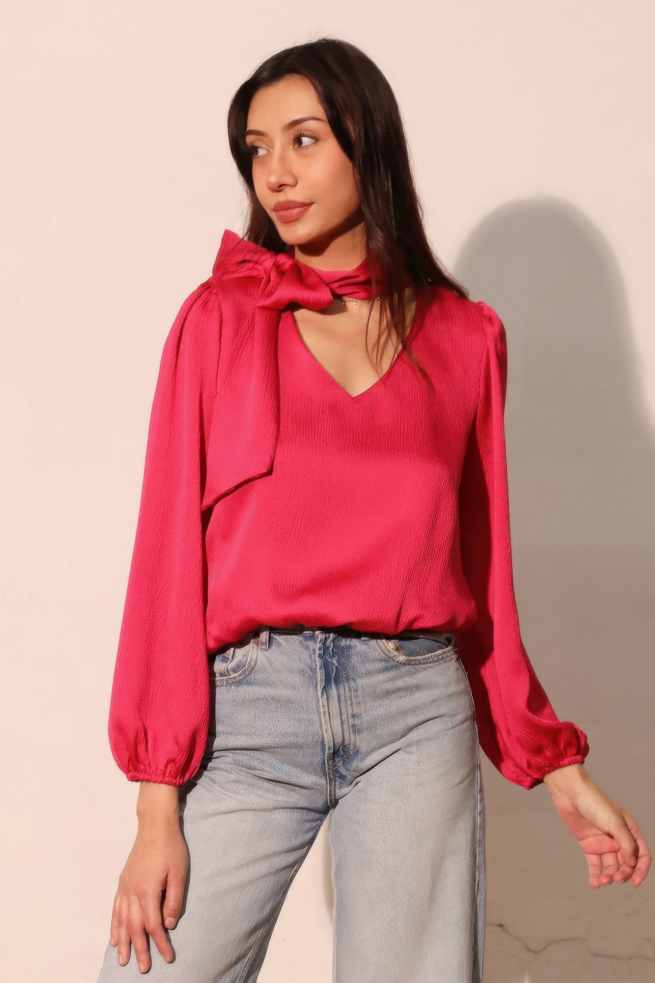 Hammered Satin Tie Neck Bubble Top - All Season Fashion
