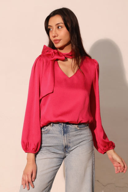 Hammered Satin Tie Neck Bubble Top - All Season Fashion