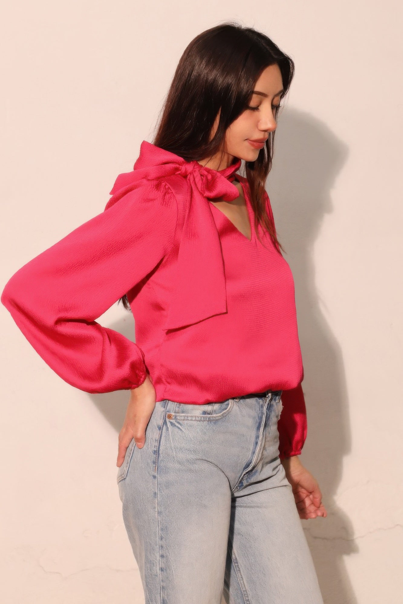Hammered Satin Tie Neck Bubble Top - All Season Fashion