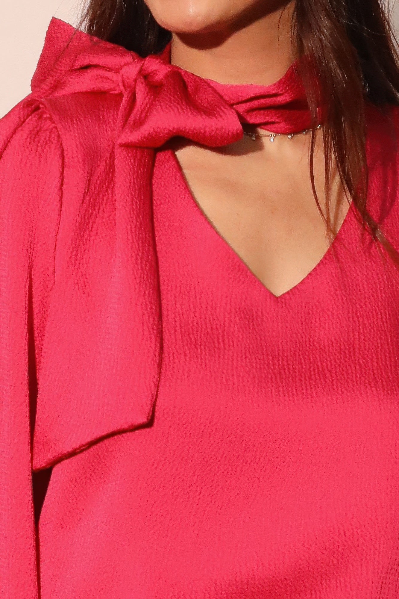 Hammered Satin Tie Neck Bubble Top - All Season Fashion