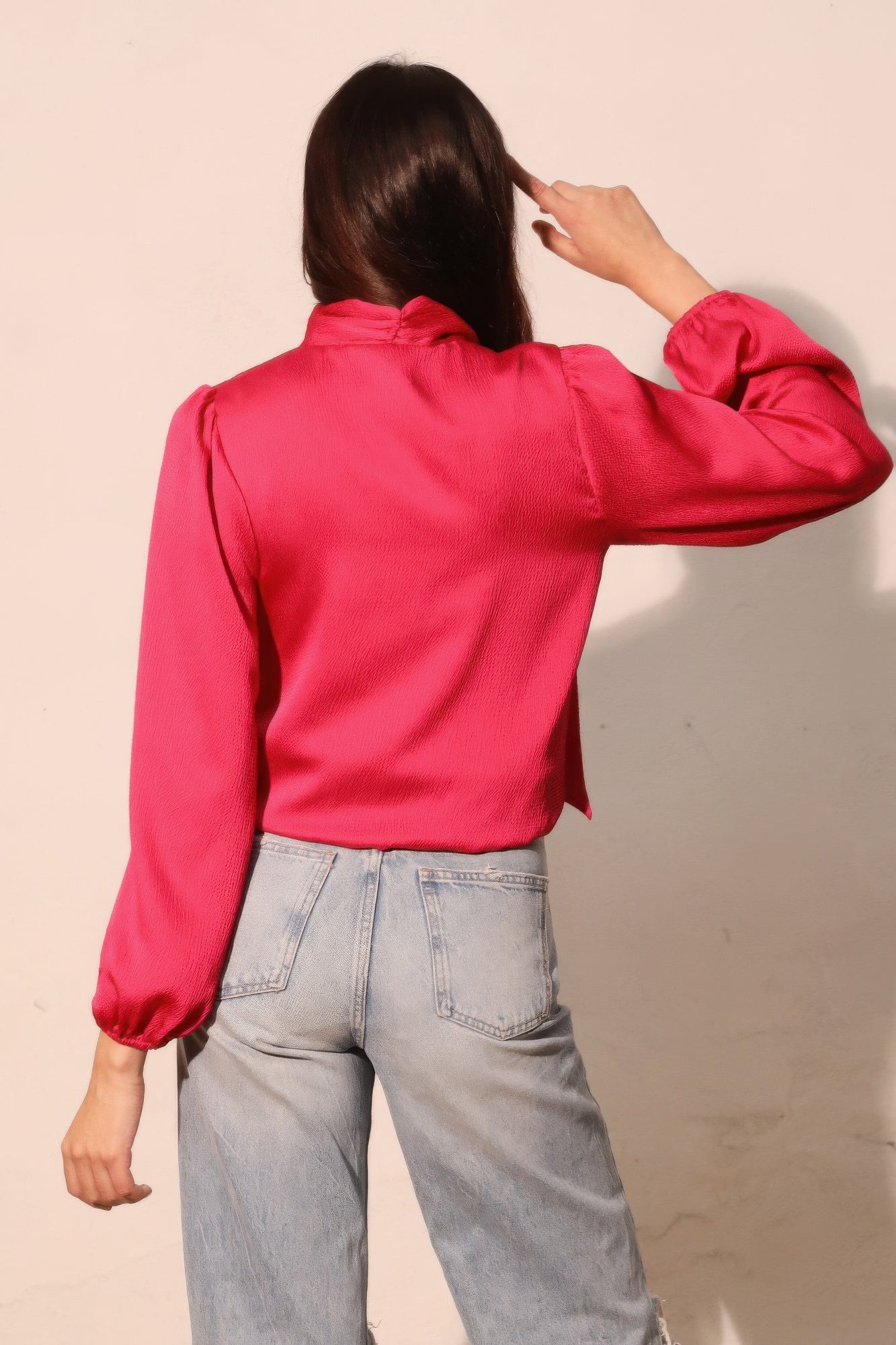 Hammered Satin Tie Neck Bubble Top - All Season Fashion