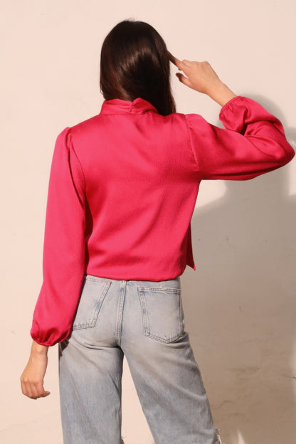 Hammered Satin Tie Neck Bubble Top - All Season Fashion