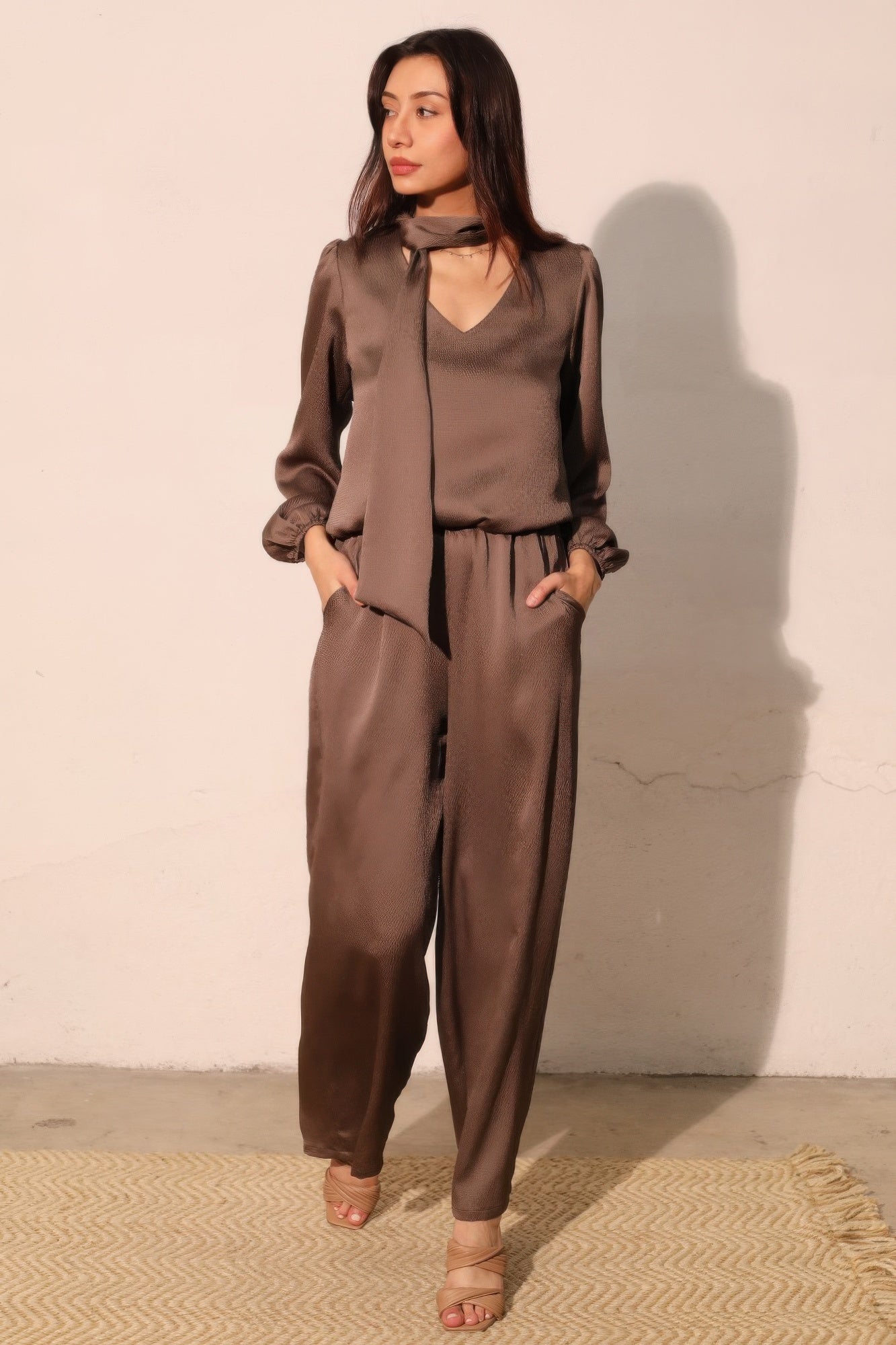 Hammered Satin Tie Neck Bubble Top - All Season Fashion