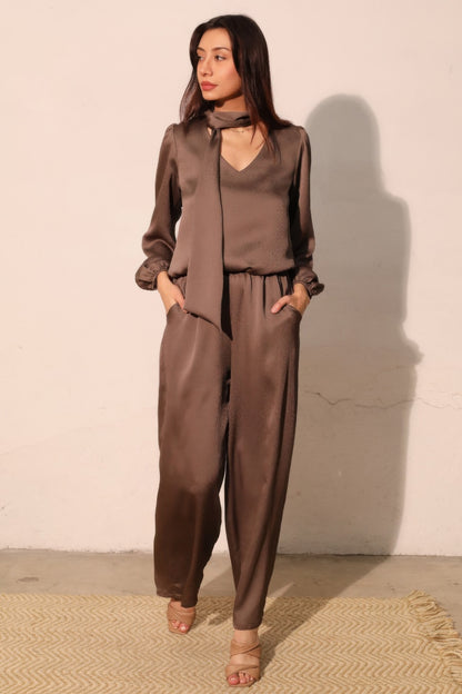Hammered Satin Tie Neck Bubble Top - All Season Fashion