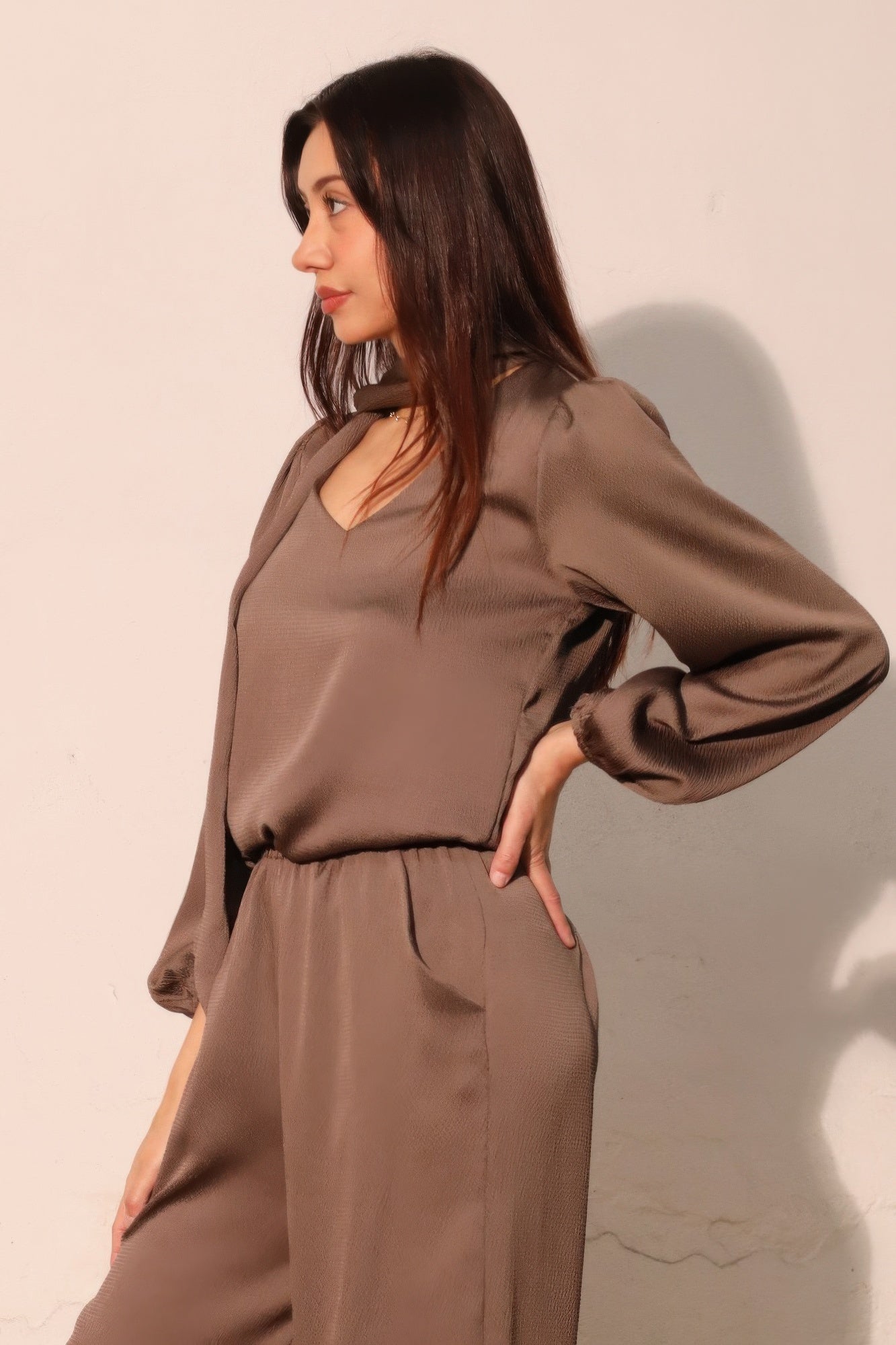 Hammered Satin Tie Neck Bubble Top - All Season Fashion
