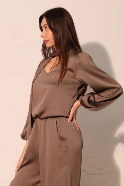 Hammered Satin Tie Neck Bubble Top - All Season Fashion