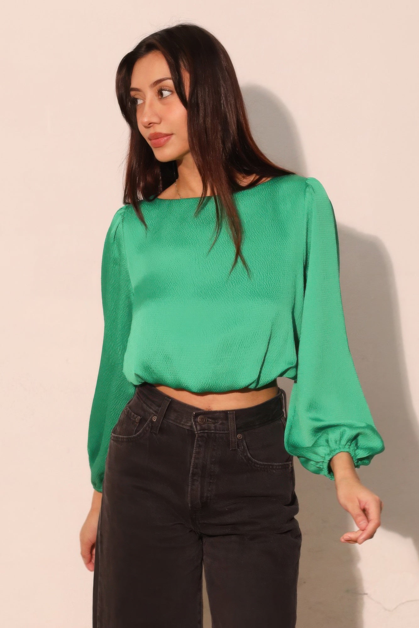 Hammered Satin Long Sleeve Crop Top - All Season Fashion