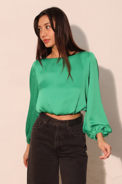 Hammered Satin Long Sleeve Crop Top - All Season Fashion