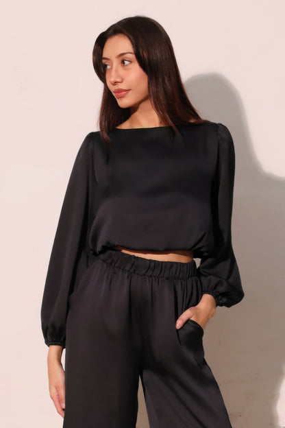 Hammered Satin Long Sleeve Crop Top - All Season Fashion