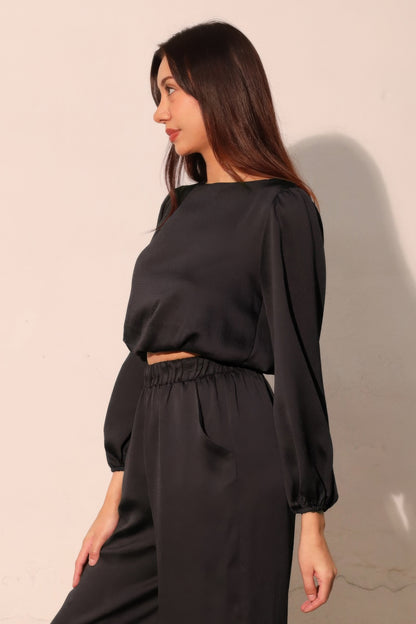 Hammered Satin Long Sleeve Crop Top - All Season Fashion