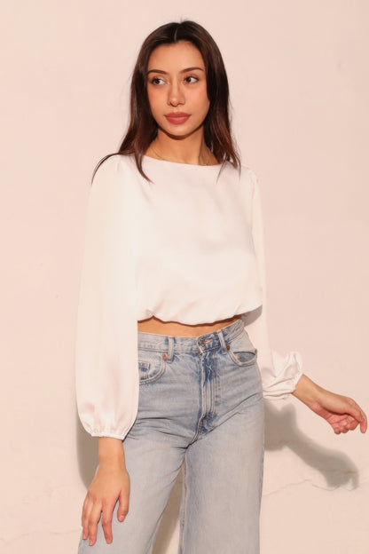 Hammered Satin Long Sleeve Crop Top - All Season Fashion