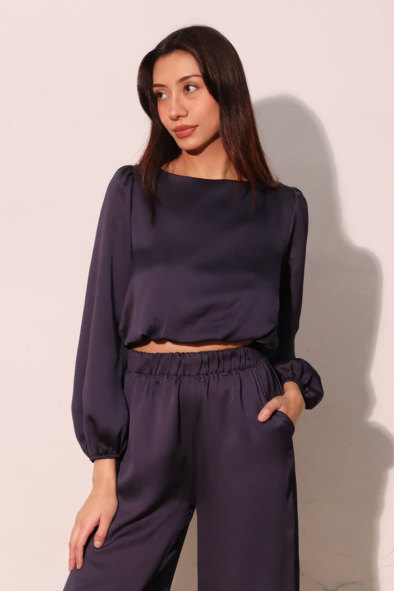 Hammered Satin Long Sleeve Crop Top - All Season Fashion