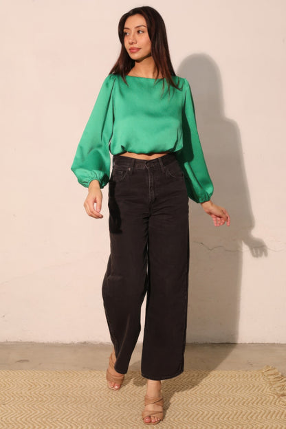 Hammered Satin Long Sleeve Crop Top - All Season Fashion
