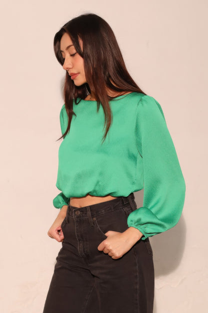 Hammered Satin Long Sleeve Crop Top - All Season Fashion
