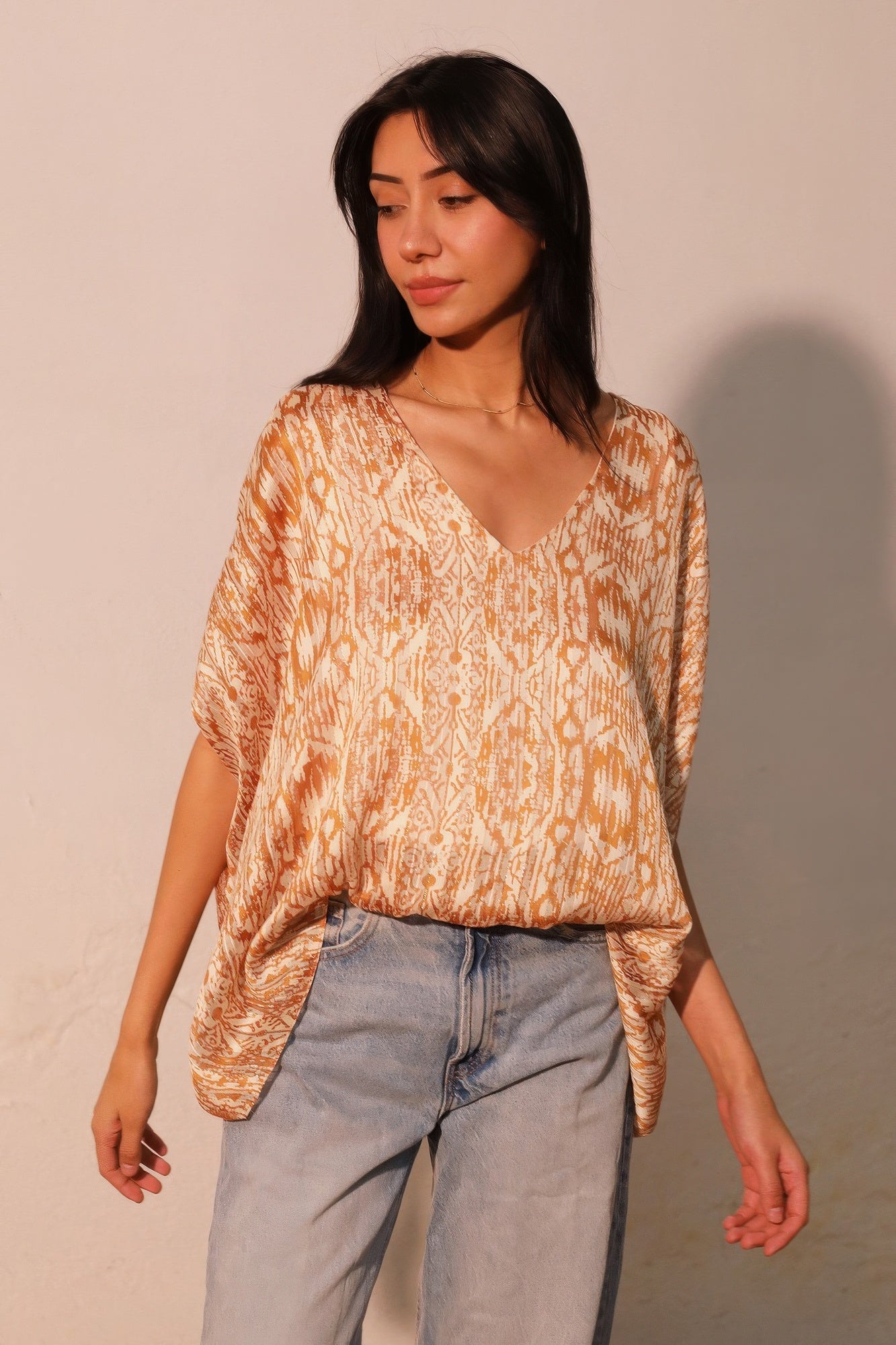 Bohemian Lurex Chiffon Caftan Top With Back Band - All Season Fashion