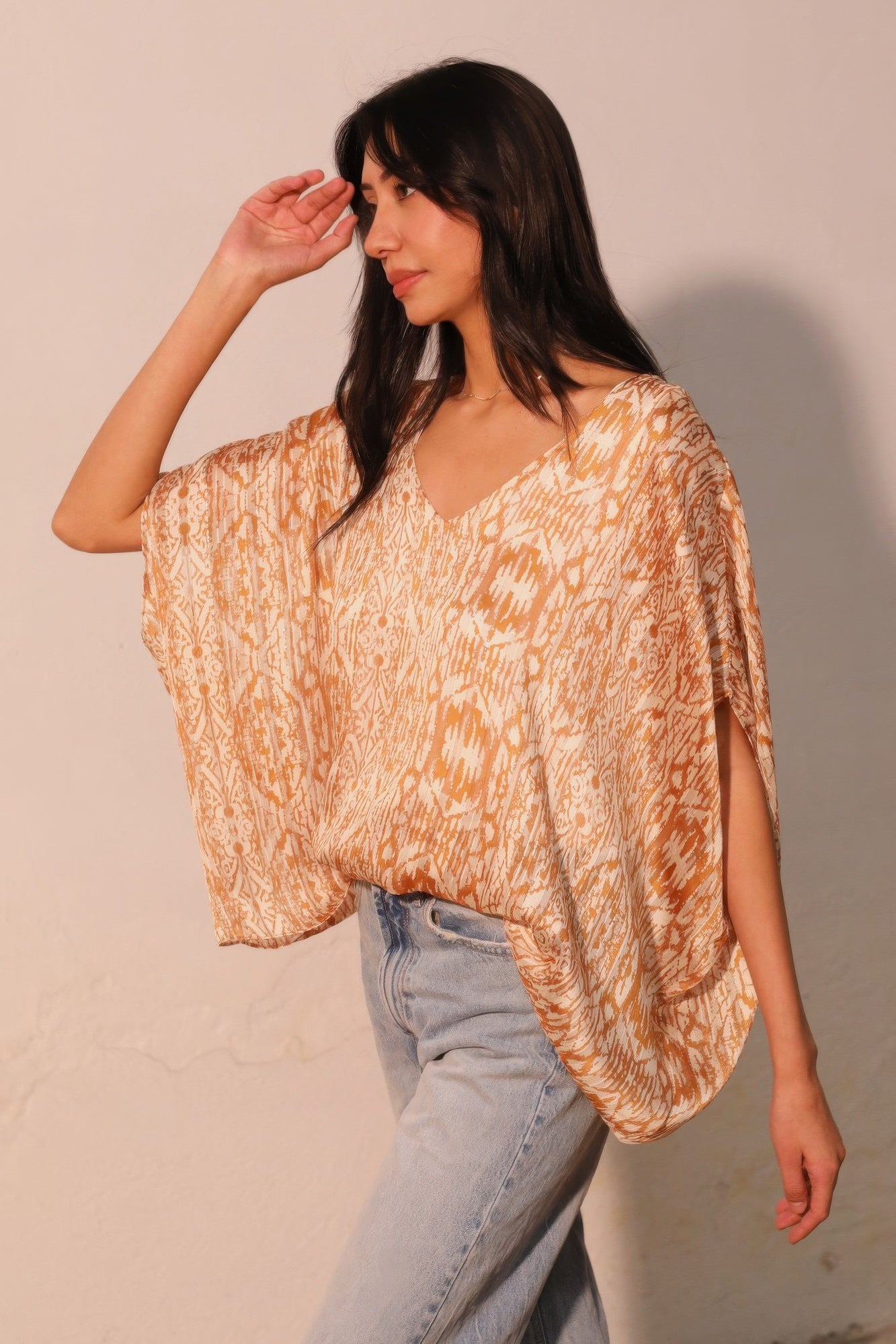 Bohemian Lurex Chiffon Caftan Top With Back Band - All Season Fashion