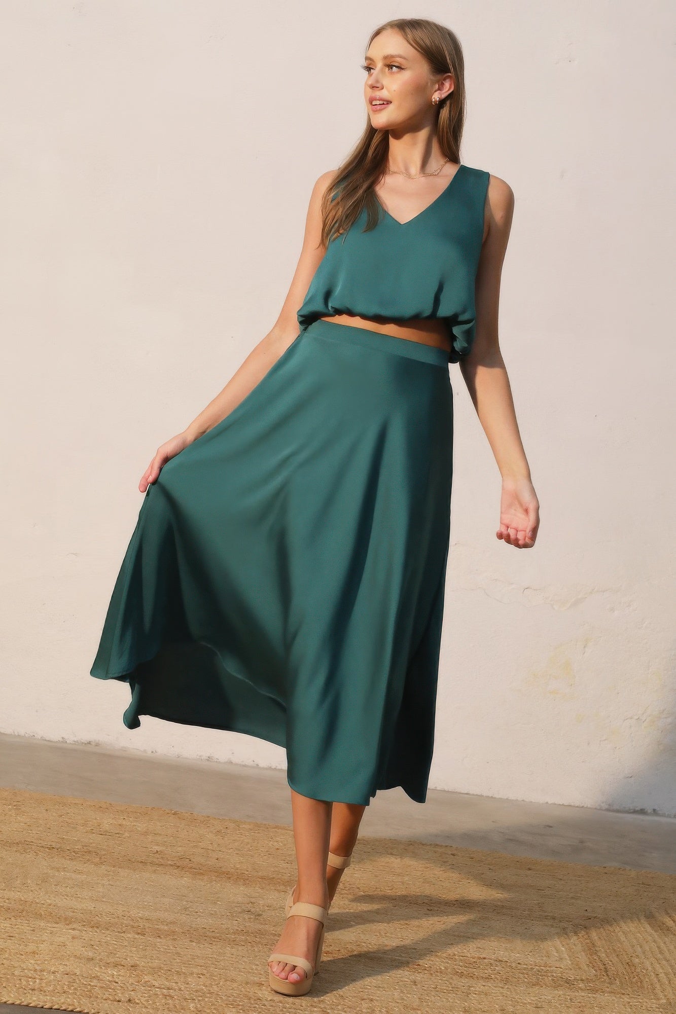 Washed Poly Silk Midi Swing Skirt - All Season Fashion
