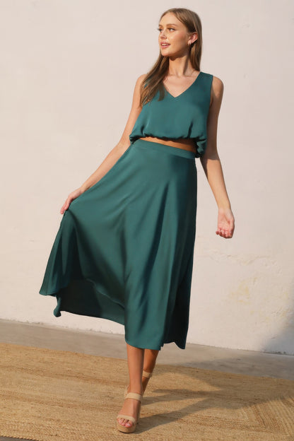 Washed Poly Silk Midi Swing Skirt - All Season Fashion