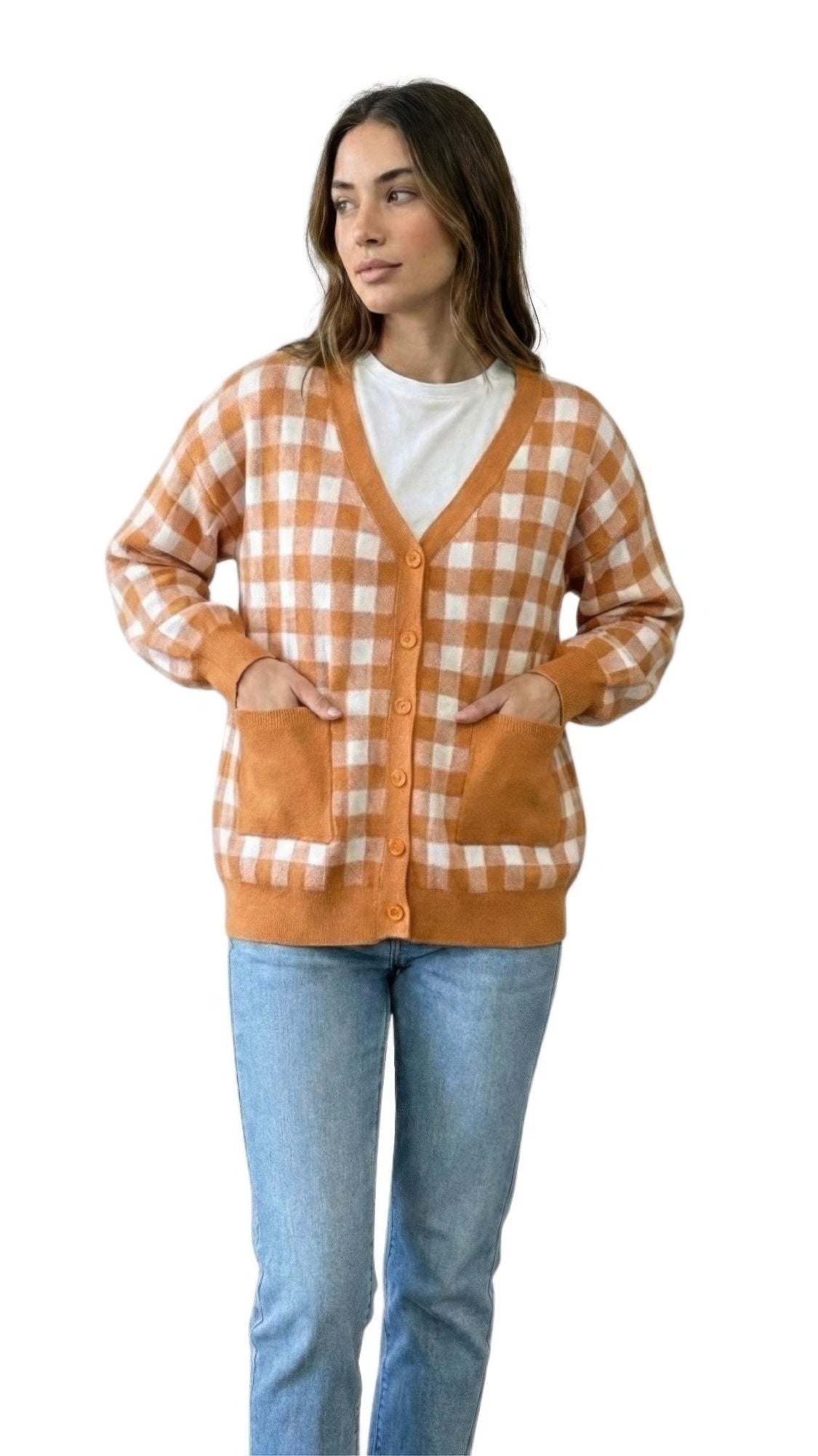 Gingham Cardigan Women's With V Neck And Pockets - All Season Fashion