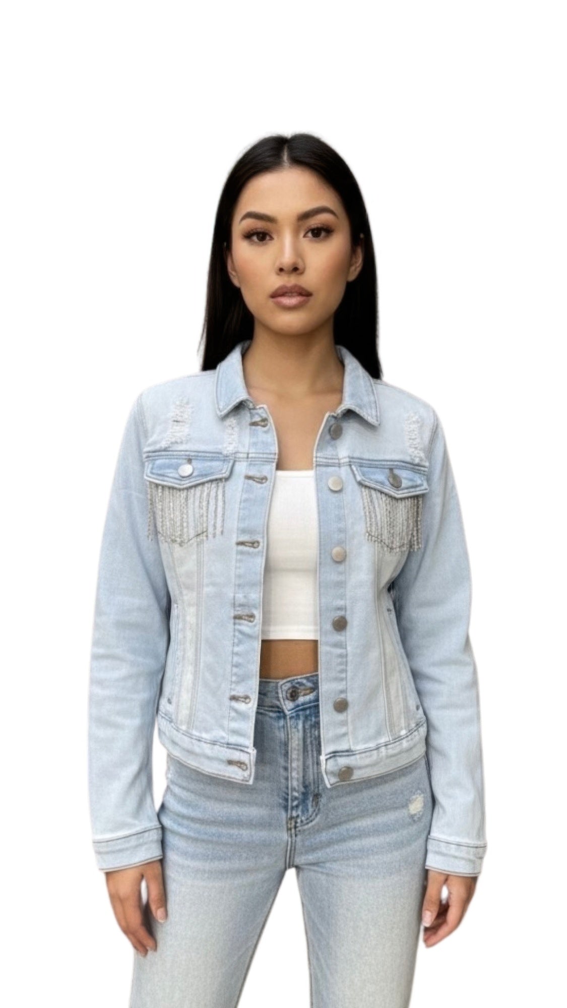 Distressed Jean Jacket With Rhinestone Fringe - All Season Fashion