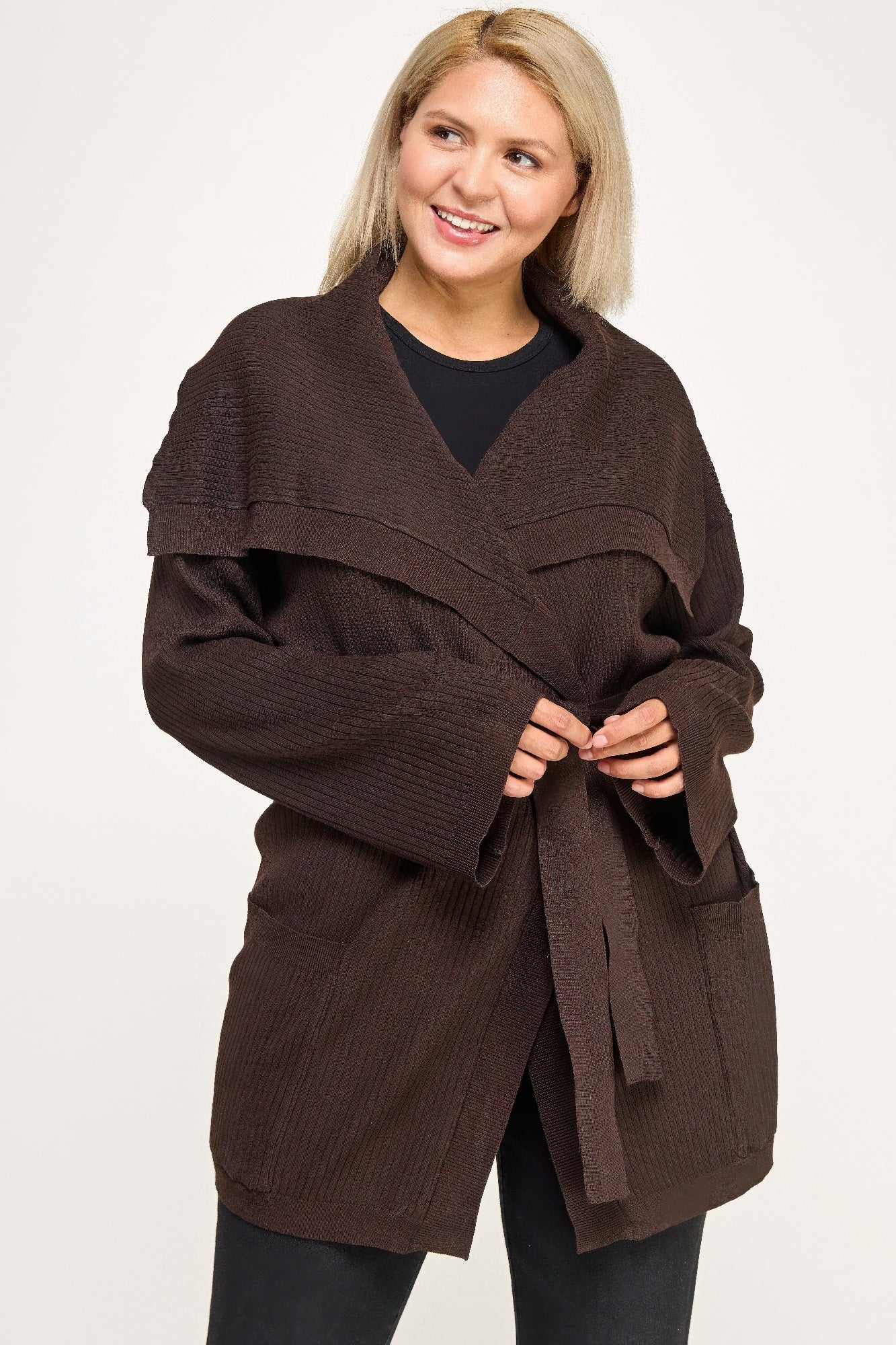 Plus Size Ribbed Wrap Cardigan With Waist Belt - All Season Fashion
