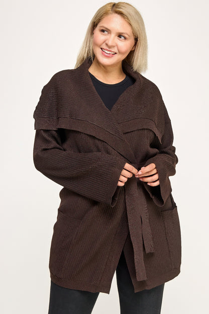 Plus Size Ribbed Wrap Cardigan With Waist Belt - All Season Fashion