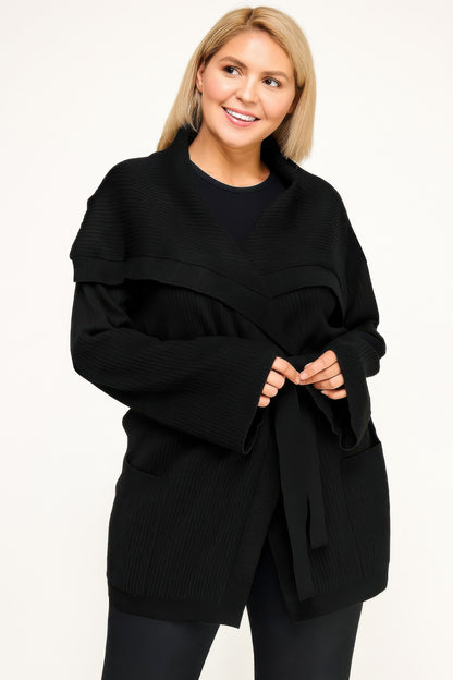 Plus Size Ribbed Wrap Cardigan With Waist Belt - All Season Fashion