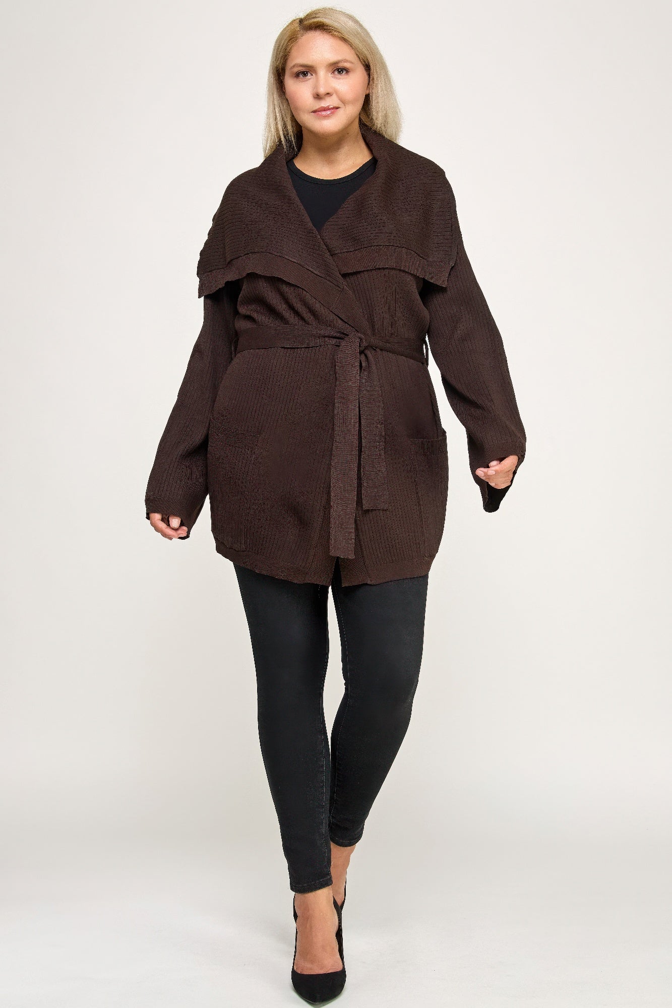 Plus Size Ribbed Wrap Cardigan With Waist Belt - All Season Fashion