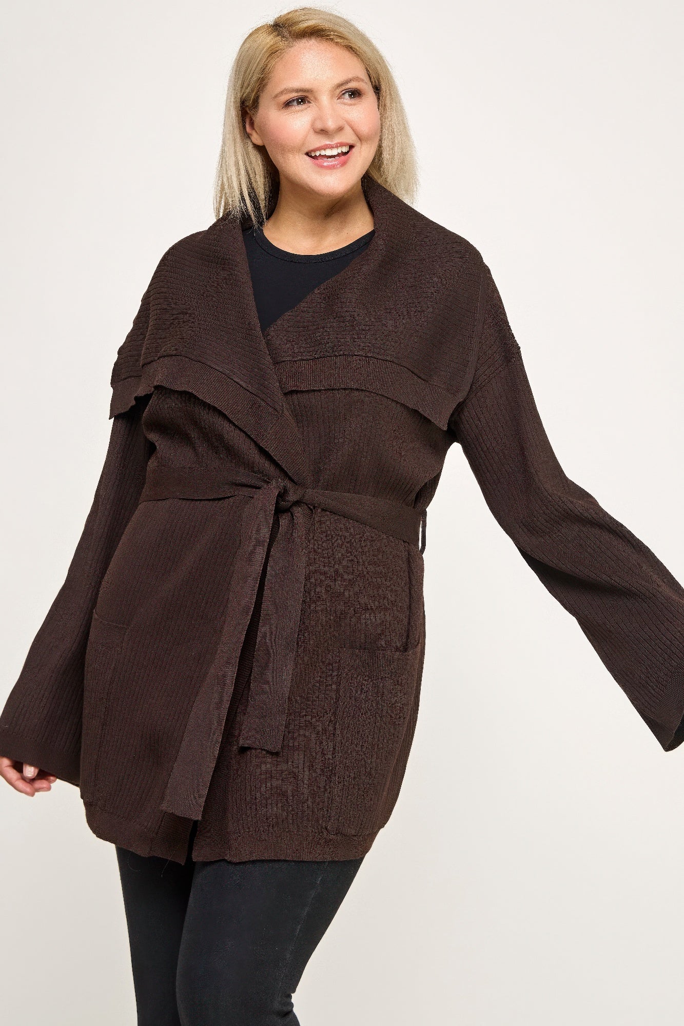 Plus Size Ribbed Wrap Cardigan With Waist Belt - All Season Fashion