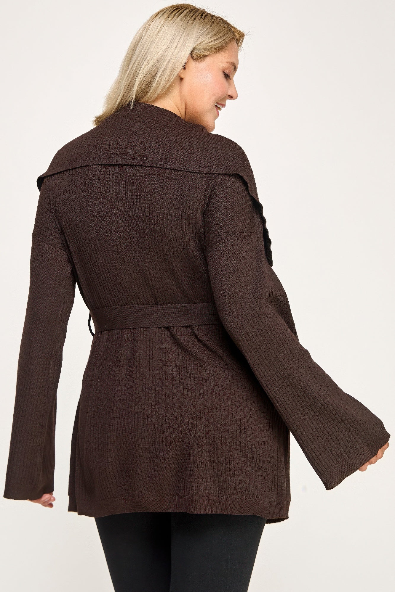 Plus Size Ribbed Wrap Cardigan With Waist Belt - All Season Fashion