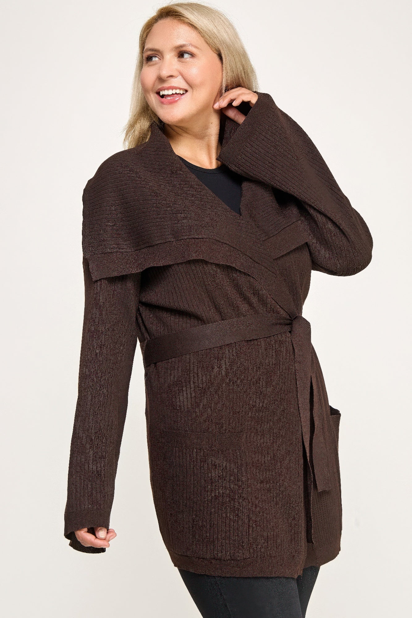 Plus Size Ribbed Wrap Cardigan With Waist Belt - All Season Fashion