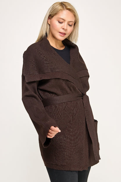 Plus Size Ribbed Wrap Cardigan With Waist Belt - All Season Fashion