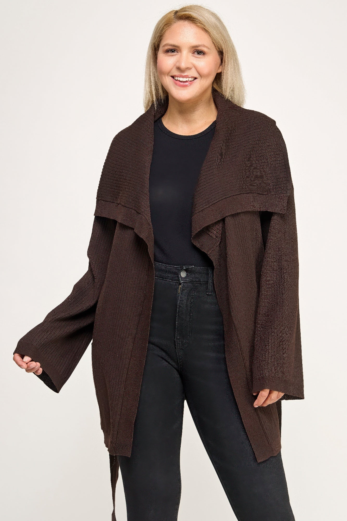 Plus Size Ribbed Wrap Cardigan With Waist Belt - All Season Fashion