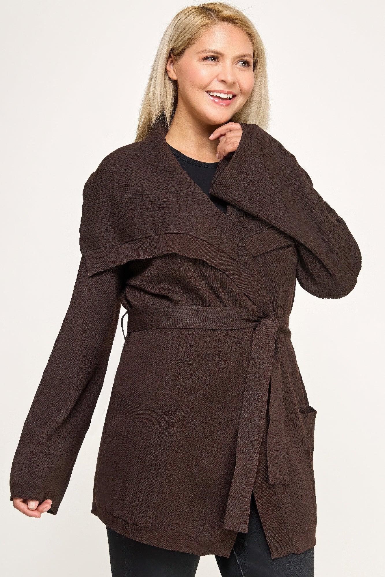 Plus Size Ribbed Wrap Cardigan With Waist Belt - All Season Fashion