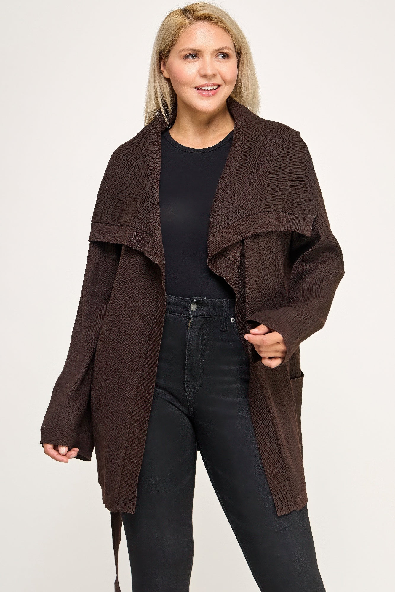Plus Size Ribbed Wrap Cardigan With Waist Belt - All Season Fashion