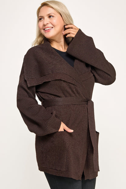 Plus Size Ribbed Wrap Cardigan With Waist Belt - All Season Fashion