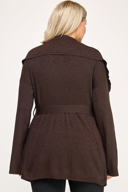 Plus Size Ribbed Wrap Cardigan With Waist Belt - All Season Fashion