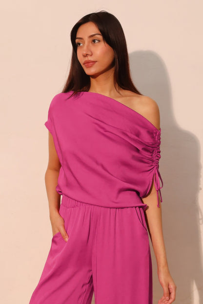 Washed Poly Silk Asymmetrical Drawstring Top - All Season Fashion