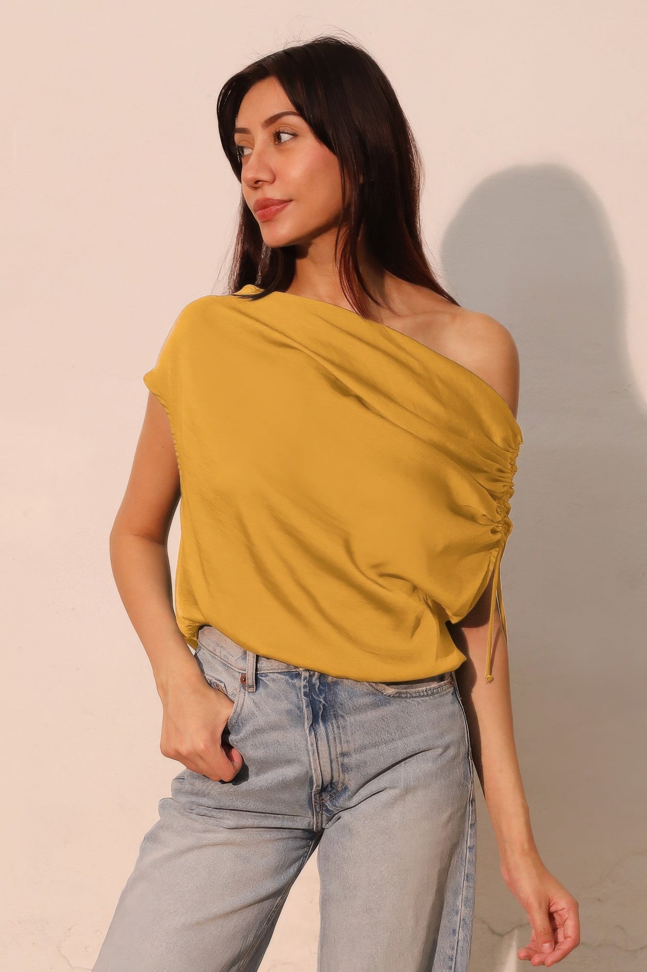 Washed Poly Silk Asymmetrical Drawstring Top - All Season Fashion