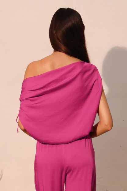 Washed Poly Silk Asymmetrical Drawstring Top - All Season Fashion