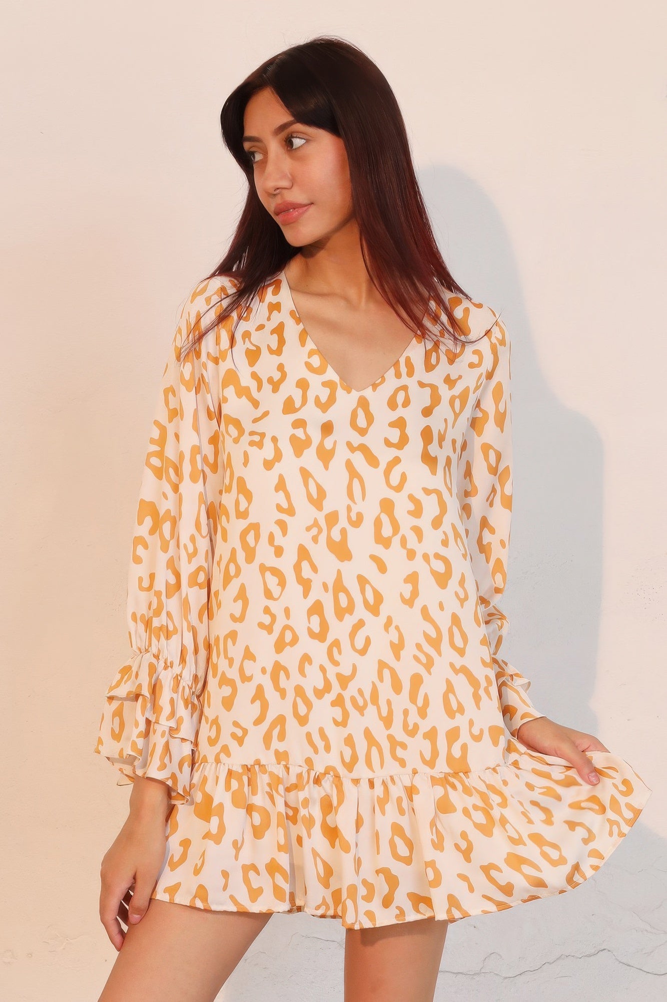 Simple Leopard Dress With Ruffle Cuff - All Season Fashion