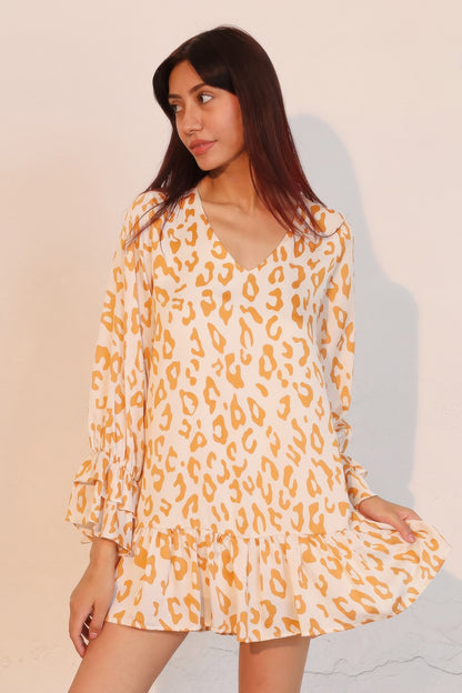 Simple Leopard Dress With Ruffle Cuff - All Season Fashion