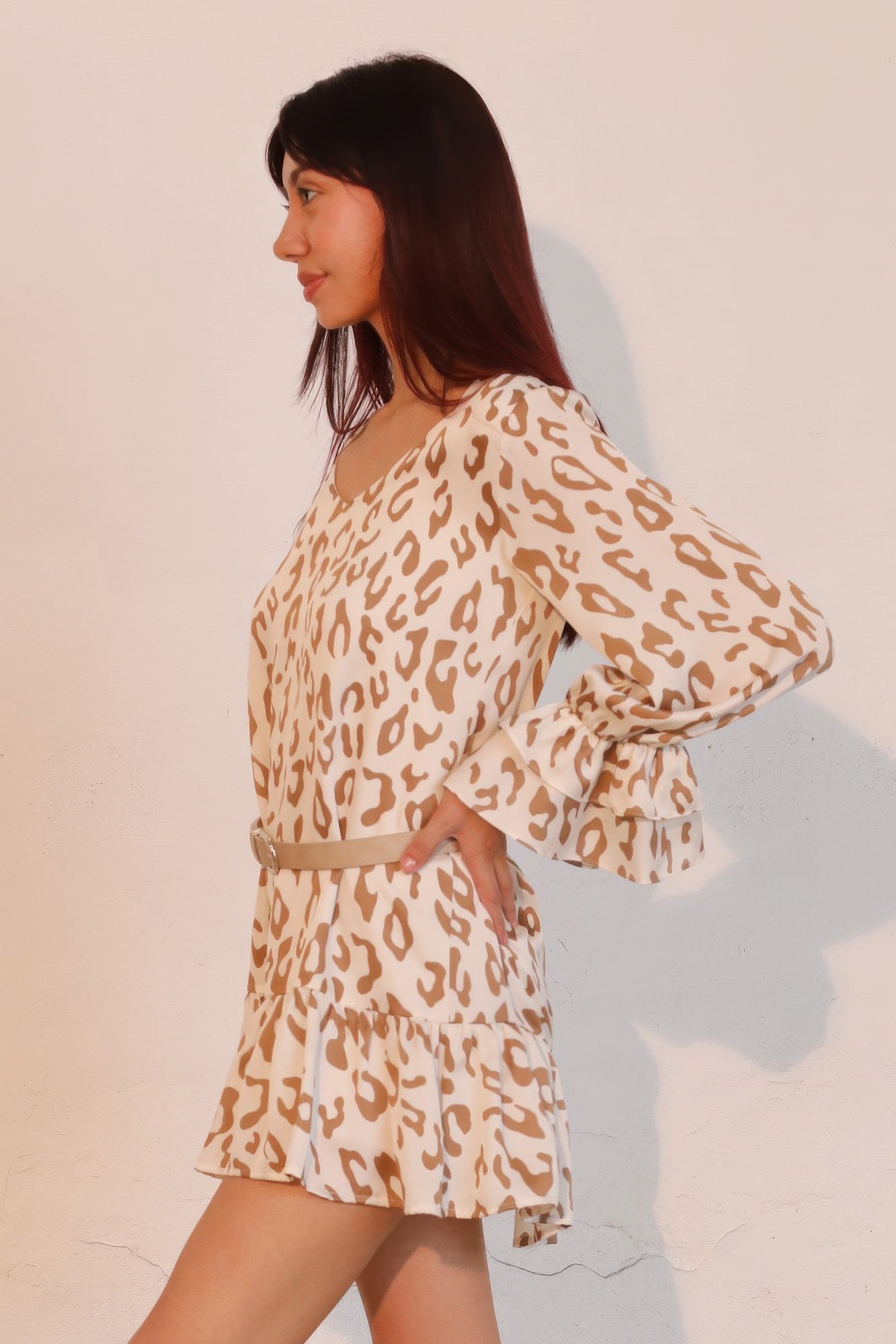 Simple Leopard Dress With Ruffle Cuff - All Season Fashion