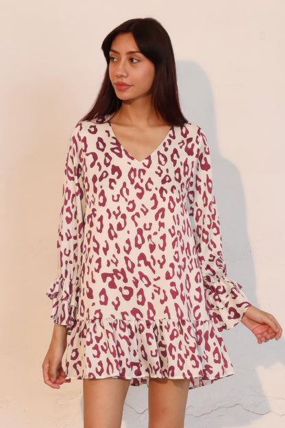 Simple Leopard Dress With Ruffle Cuff - All Season Fashion