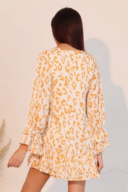 Simple Leopard Dress With Ruffle Cuff - All Season Fashion