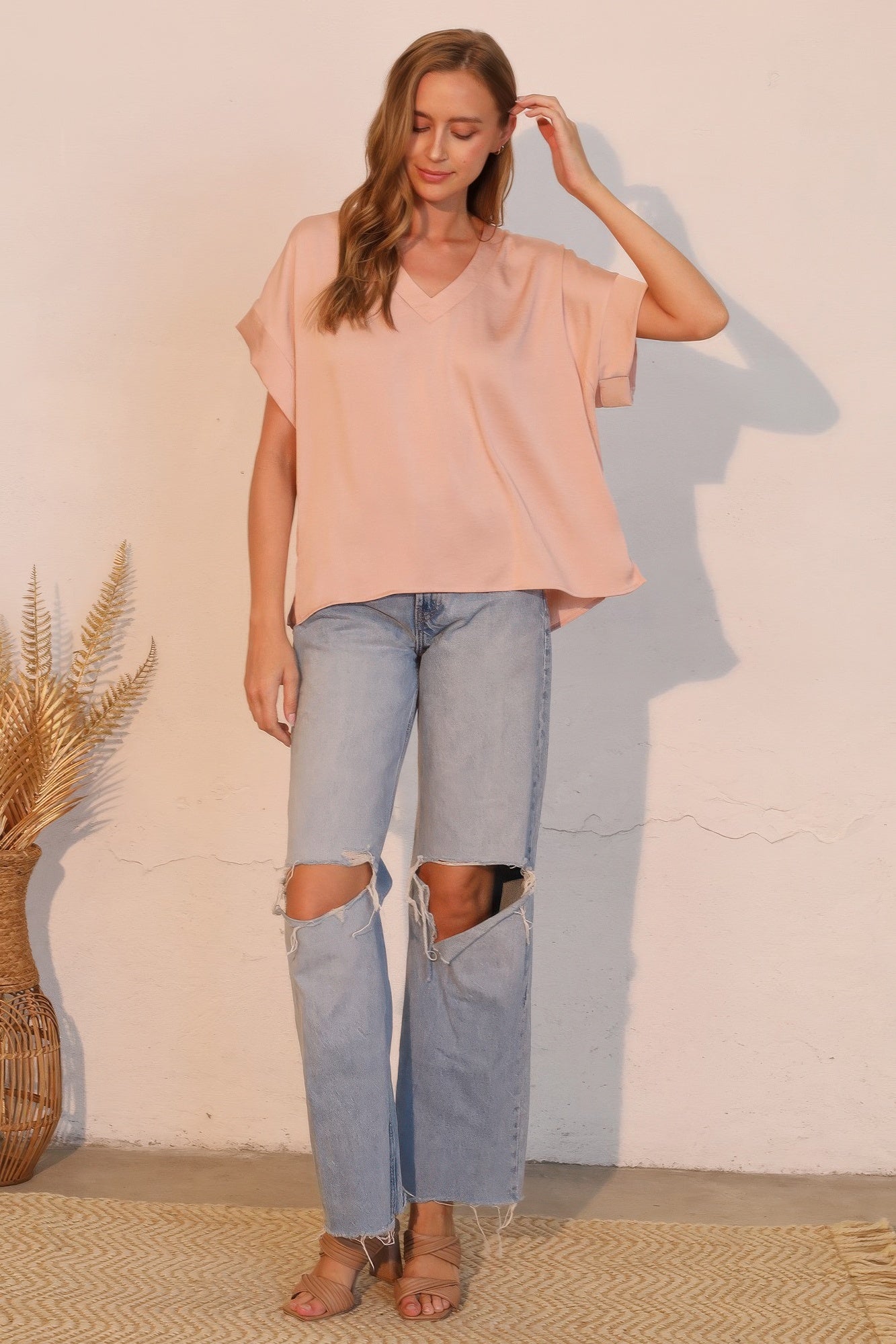 Washed Poly Silk V-neck Tee - All Season Fashion