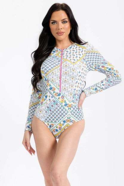 White Flower Print Long Sleeve Swimsuit - All Season Fashion