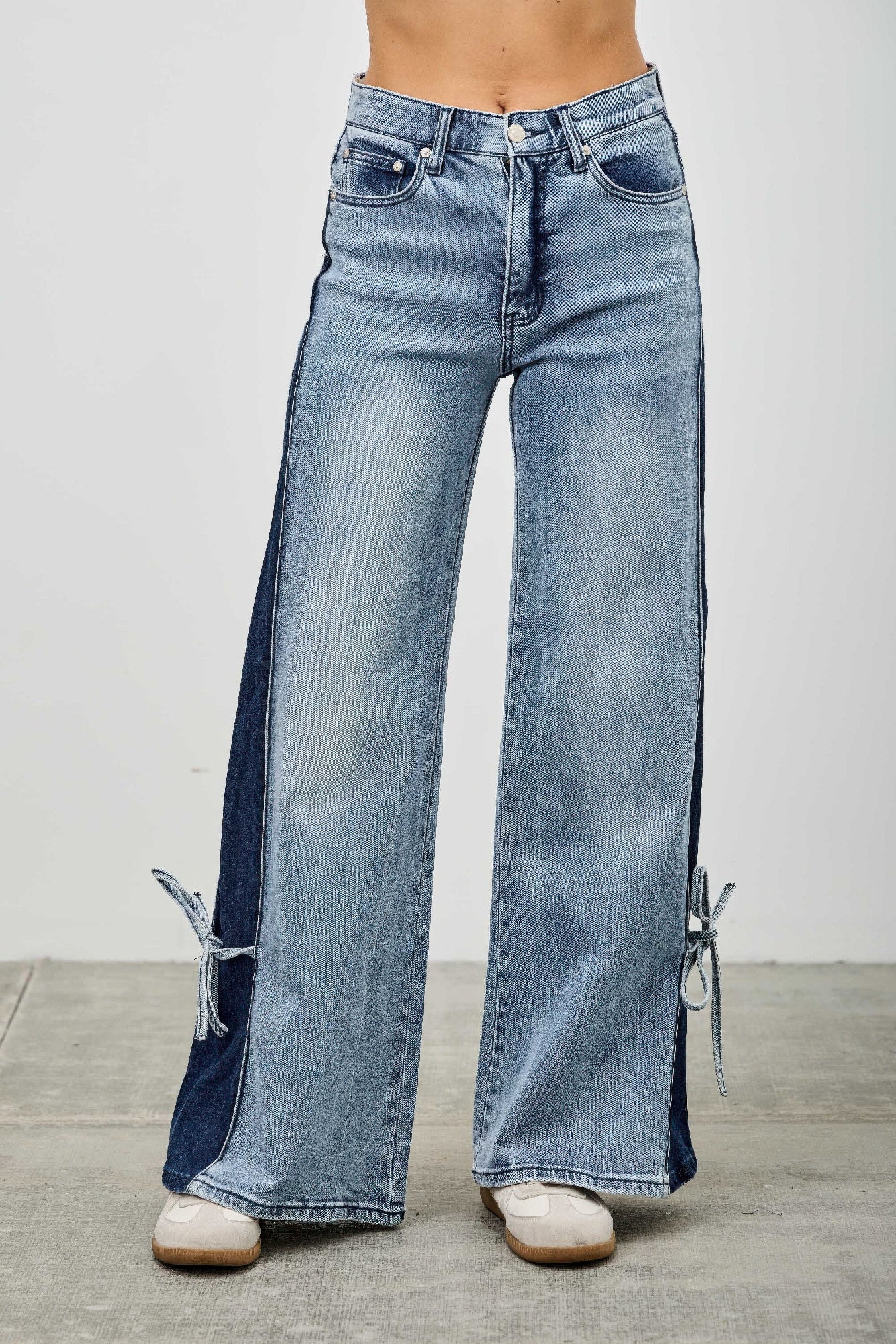 Mid Rise Contrast Wide Leg With Tie - All Season Fashion