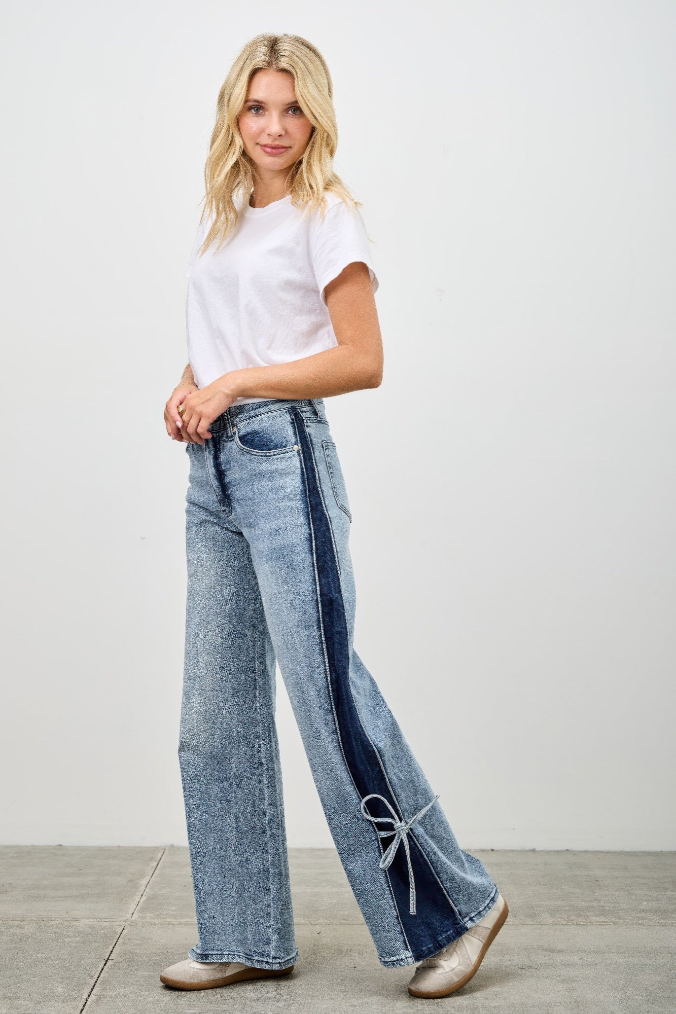 Mid Rise Contrast Wide Leg With Tie - All Season Fashion
